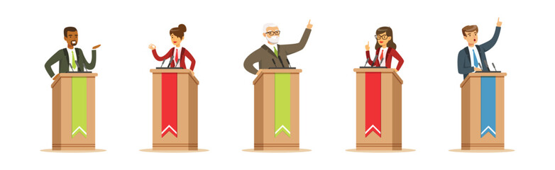 Poster - Man and Woman Speakers Speaking Behind Podium with Microphone Vector Set