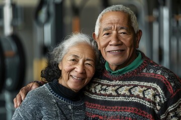 Wall Mural - Portrait of a smiling mixed race couple in their 80s wearing a cozy sweater in front of dynamic fitness gym background