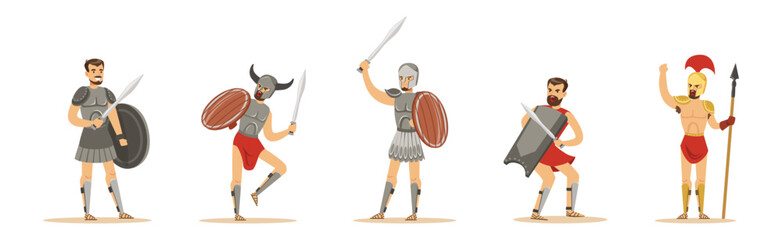 Wall Mural - Man Spartan Powerful Warrior Character with Sword and Spear Vector Set