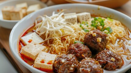Wall Mural - bakso. indonesian beef meatball served with noodle and tofu. Generative Ai