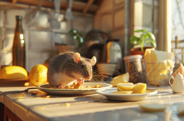 Wall Mural - A rat in the kitchen, eating food from an open rice bowl on the worktop with grey and brown colors
