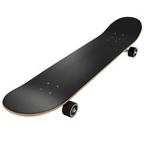 A black skateboard with black wheels, isolated on a black background.  The deck is made of wood. cut out. transparent background. PNG