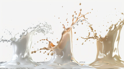 Wall Mural - Creamy Delights - Set of Milk Splash and Pouring with Yogurt and Cream 3D Illustration Including Clipping Path for Versatile Use. Stock Illustration.
