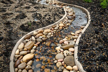 Wall Mural - A top view of a meandering stream with pebbles