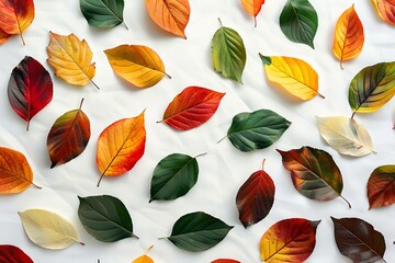 Wall Mural - A top view of a pattern of different colored fall leaves