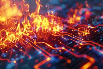 Visualize a 3D firewall with animated flames protecting a network, close up, theme cyber defense, vibrant, Overlay, digital fortress backdrop