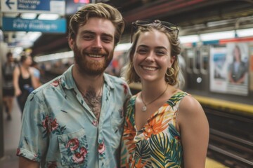 Poster - Portrait of a smiling caucasian couple in their 20s sporting a vented fishing shirt while standing against bustling city subway background