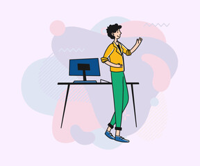 Wall Mural - male office employee greeting colleagues. positive man standing near desk with computer flat vector 