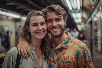 Poster - Portrait of a smiling caucasian couple in their 20s sporting a vented fishing shirt in front of bustling city subway background