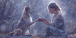 © Nikki Zalewski - Young female shamanic healer giving stray dog healing to paw - soft ethereal blue lilac coloured woodland background and side view of pretty woman tenderly holding injured paw of scraggy dog