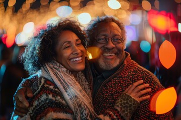 Wall Mural - Portrait of a merry mixed race couple in their 70s wearing a cozy sweater on lively concert crowd background