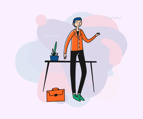 Wall Mural - young businessman with briefcase greeting partners. positive employee standing near office desk vect