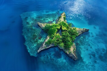 A top view of a star-shaped island surrounded by blue water