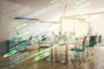 Wall Mural - multi exposure of abstract creative coding sketch on a modern furnished office background, artificia
