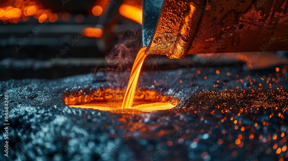Molten metal pouring into a mold at a steel mill, close-up photograph ...