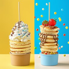 Wall Mural - gradient background colors blue and yellow for three new summer items. The first item is a one chocolate and vanilla merry cream in a cardboard small bowl