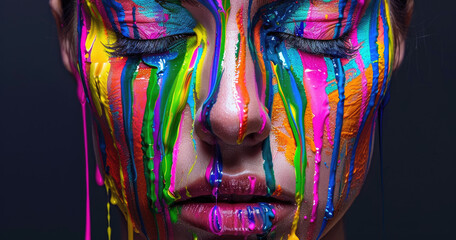 Wall Mural - A woman's face with colorful paint dripping down her cheek, creating an artistic and vibrant look on the skin.