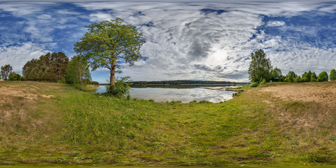 Wall Mural - 360 hdri panorama near wooden pier of lake or river in morning or sunset in equirectangular full seamless spherical projection, VR content