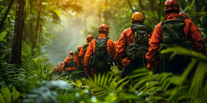 Searching for a Missing Person A Search and Rescue Team in a Tropical Forest. Concept Search and Rescue, Missing Person, Tropical Forest, Volunteer Team, Urgent Situation
