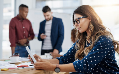 Aufkleber - Business people, typing and woman in tablet, internet and email notification with social media, company website and professional. Employee, staff and consultant with technology, writer or news agency