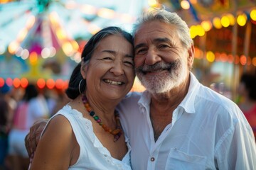 Sticker - Portrait of a grinning multicultural couple in their 60s wearing a classic white shirt in lively amusement park background