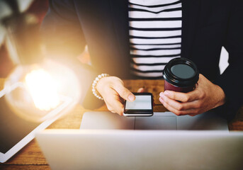 Aufkleber - Laptop, hands and person with phone and coffee in office for online email communication for business review. Technology, latte and hr manager with computer and cellphone for reading company policy.