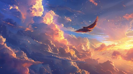 A fantastical journey on the back of a giant,majestic bird that soars through the sky,carrying the viewer through a series of dreamlike cloud formations and vibrant,atmospheric skyscapes at sunset.