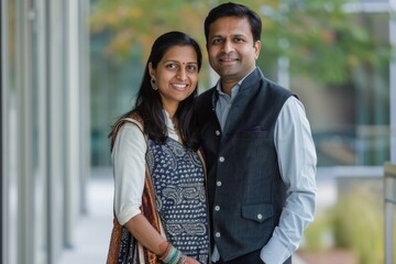 Poster - Portrait of a satisfied indian couple in their 30s dressed in a polished vest in modern university campus background