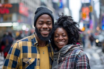 Wall Mural - Portrait of a satisfied afro-american couple in their 30s wearing a comfy flannel shirt isolated on bustling city street background