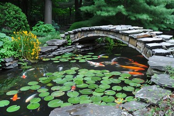 Wall Mural - A tranquil koi pond with lily pads and a traditional stone bridge crossing over