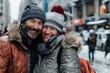 © Markus Schröder - Portrait of a blissful couple in their 40s wearing a warm parka on bustling city street background