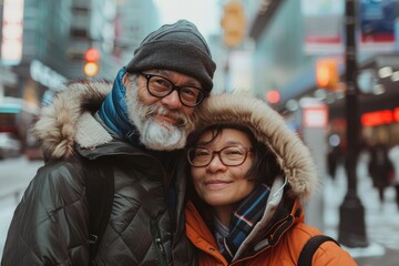 Wall Mural - Portrait of a blissful couple in their 40s wearing a warm parka while standing against bustling city street background