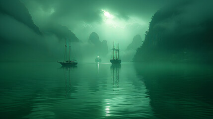 Wall Mural - A green and cloudy sky with a boat in the water
