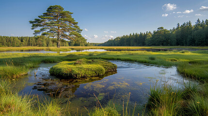 Poster - A small island in a lake surrounded by grass and trees