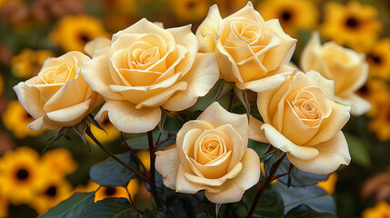 Wall Mural - A bouquet of yellow roses is the main focus of the image