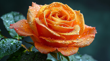 Wall Mural - A beautiful orange rose with dew drops on it