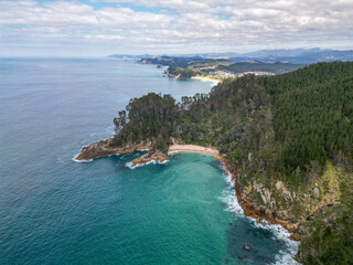 Wall Mural - aerial view of secluded pokohino beach along the coromandel coastline.