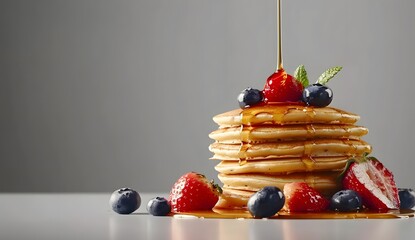 Pancake stack with blueberries and strawberries, drizzled in maple syrup on a light grey background, closeup. A concept of breakfast or diner day, copy space for a text banner