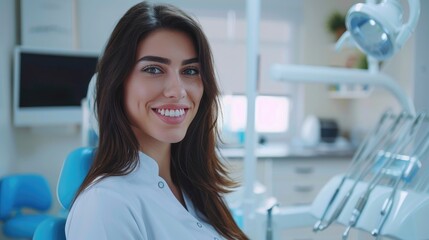 Wall Mural - A young smiling woman in a white dental hygienist uniform standing in professional dental clinic