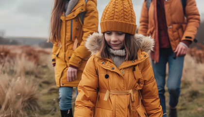 Wall Mural - A young girl wearing a yellow coat