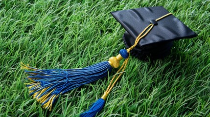 Wall Mural - Close-up view of a black graduation cap with a blue and gold tassel lying on a nicely-trimmed grass field. 
