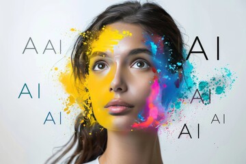 Sticker - Woman with AI graphics on her face, symbolizing the integration of technology and human identity in a colorful and artistic setting