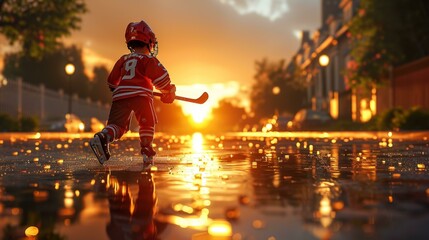A young boy wearing a red jersey and holding a hockey stick while playing in the rain. The scene is captured in a sunset glow, creating a beautiful and dramatic atmosphere.