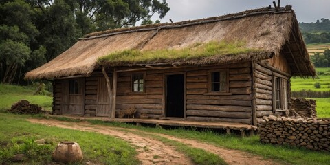 a traditional wooden cabin with thatched roof stands in a lush green rural setting, symbolizing rust