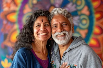 Wall Mural - Portrait of a happy indian couple in their 60s wearing a zip-up fleece hoodie in vibrant yoga studio background