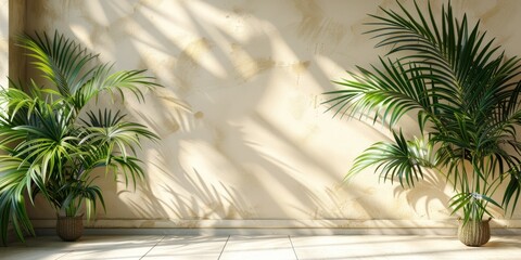 Sticker - Bright indoor scene featuring two lush potted palm plants against a textured wall with natural sunlight.