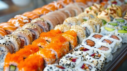 Wall Mural - A tray of assorted sushi rolls, including some with orange and white sauces