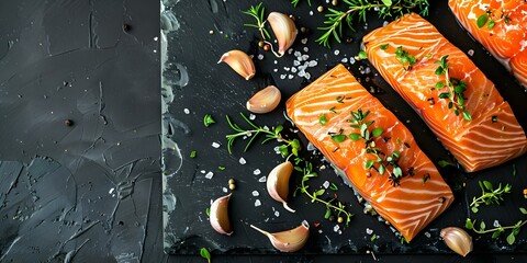 Wall Mural - Background of baked salmon with garlic and herbs. Concept Food Photography, Baked Salmon, Garlic and Herb Recipe, Delicious Dinner Ideas