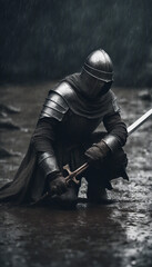 A christian warrior crusader knight is kneeling in the rain with a sword and a cross behind him Scen