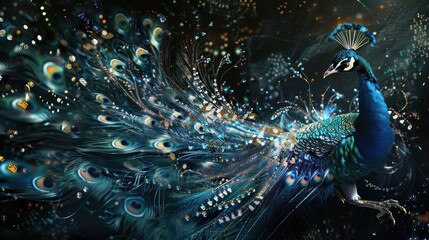 Wall Mural - artistry in motion: handcrafted peacock portrait featuring a magnificent tail adorned with shimmerin
